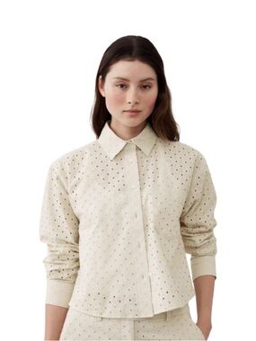 Banana Republic‎ Eyelet Cropped Button Up Shirt Cream Cotton Size M
